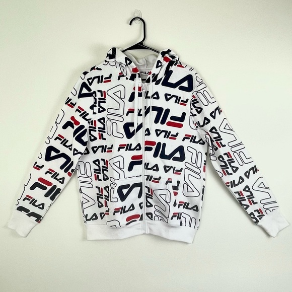 FILA NWT $65 All Over Print Logo White Hoodie Cypress Zip Jacket Large Y2K New - Picture 3 of 11